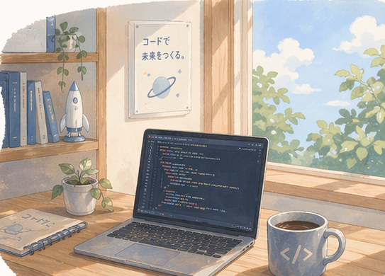 窓辺の机にノートパソコンとマグカップが置かれた作業スペースのイラスト